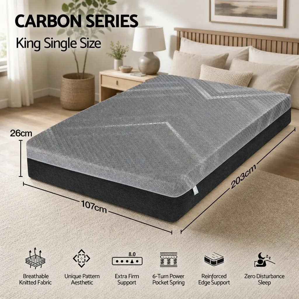 King Single Mattress Firm 26cm Pocket Spring Grey Breathable