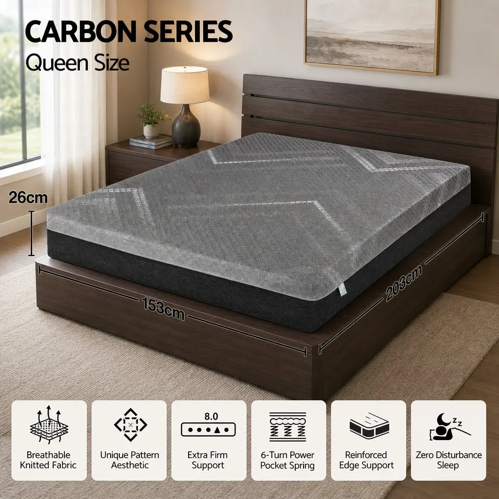 Queen Mattress Firm 26cm Dark Grey Pocket Spring Dual Edge Support