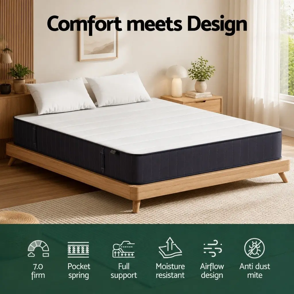 Double Pocket Spring Mattress Firm Support 20cm Tight Top White Grey