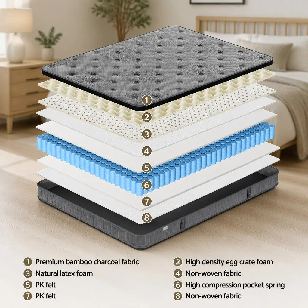 Double Mattress 26cm Euro Top Latex Foam Medium Firm Pocket Spring Bed