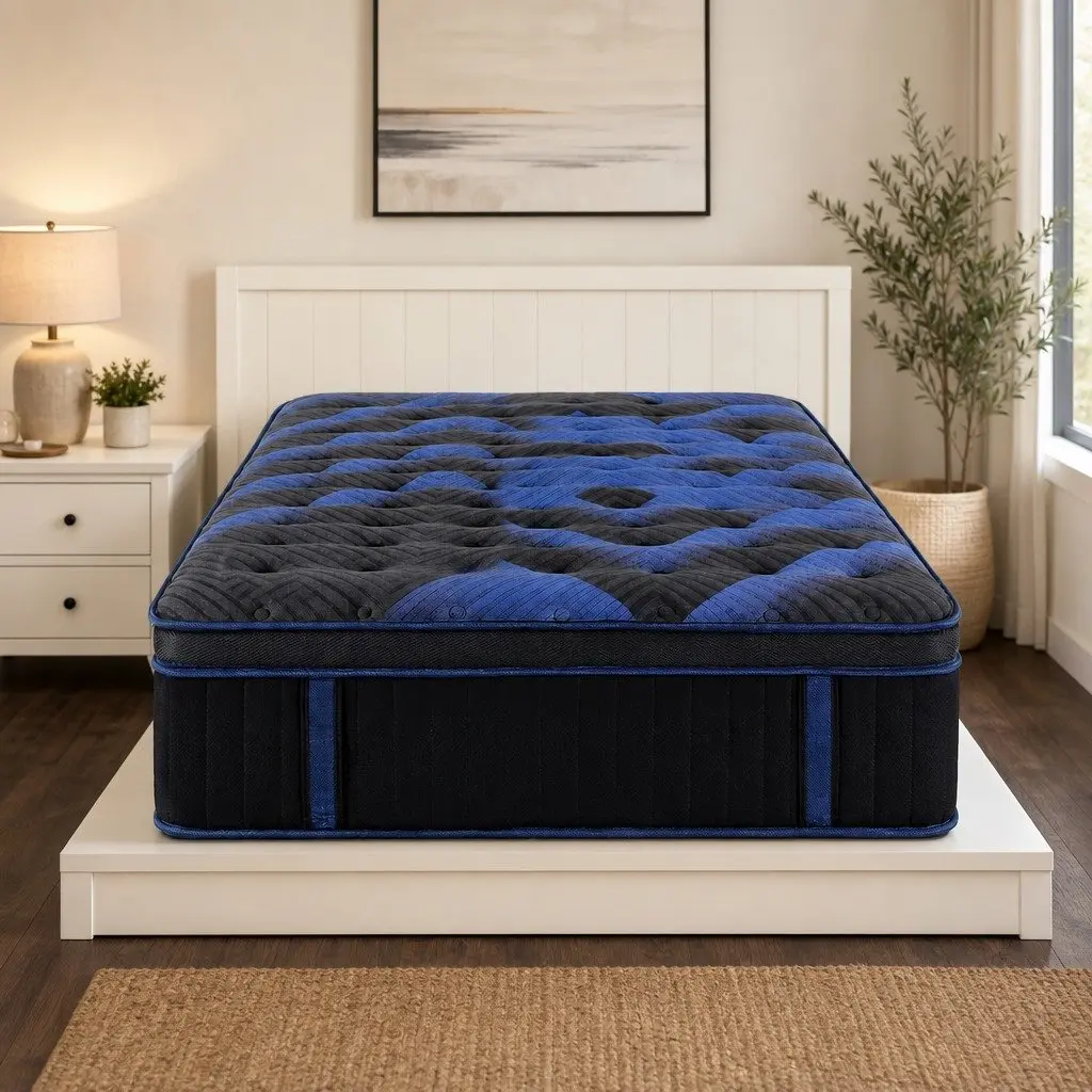King Single Mattress Hybrid Cooling Gel Memory Foam 34cm Black Blue