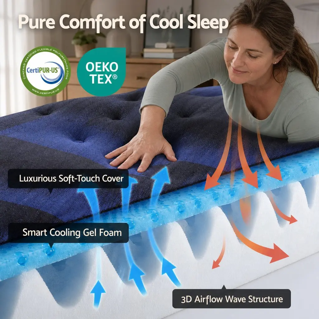 King Single Mattress Hybrid Cooling Gel Memory Foam 34cm Black Blue