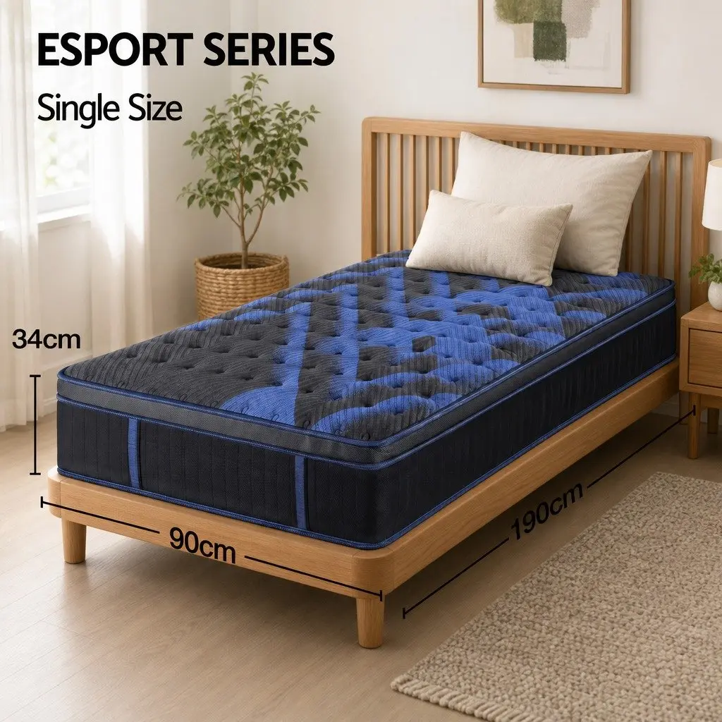 Single Mattress 34cm Medium Firm Cooling Gel Memory Foam Pocket Spring Black Blue