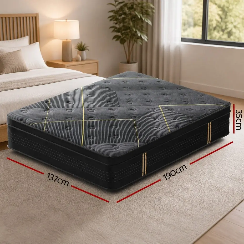 Hybrid Double Mattress 35cm Black Medium Firm Pocket Spring Bamboo Charcoal Foam Euro Top Durable Comfort