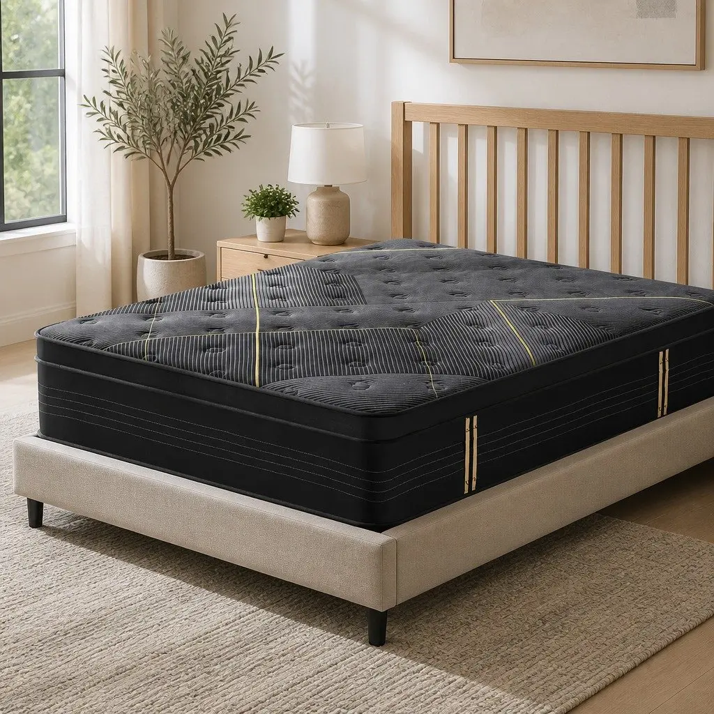 Hybrid Double Mattress 35cm Black Medium Firm Pocket Spring Bamboo Charcoal Foam Euro Top Durable Comfort