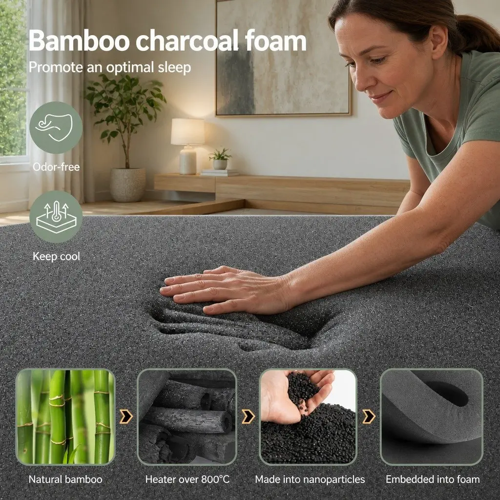 Hybrid Double Mattress 35cm Black Medium Firm Pocket Spring Bamboo Charcoal Foam Euro Top Durable Comfort