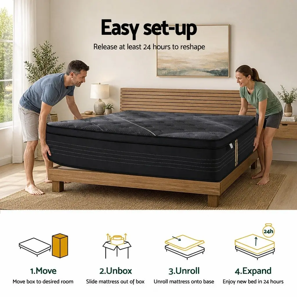 Hybrid Double Mattress 35cm Black Medium Firm Pocket Spring Bamboo Charcoal Foam Euro Top Durable Comfort