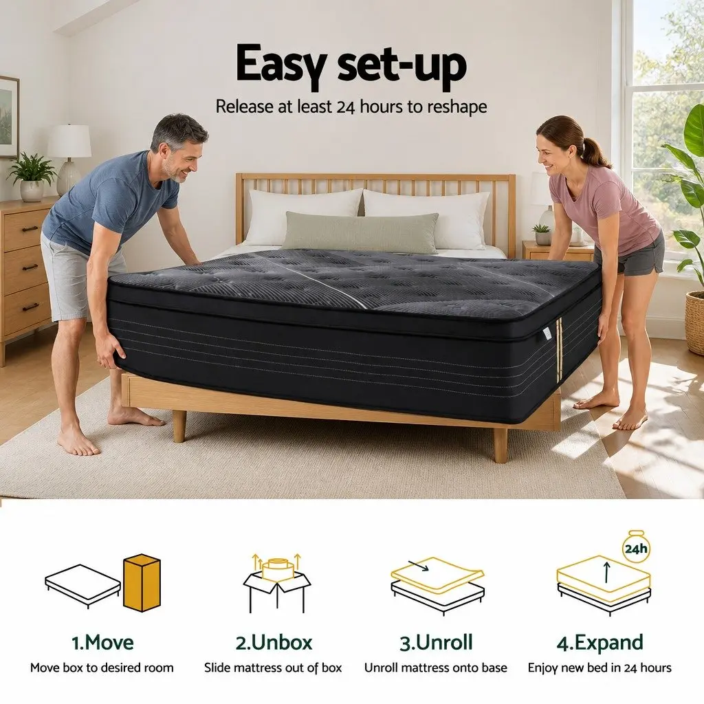 Queen Mattress Medium Firm 35cm Hybrid Pocket Spring Foam Black