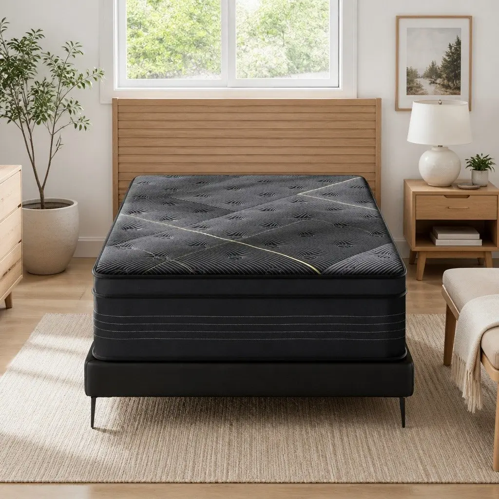 Hybrid Mattress Single 35cm Medium Firm Euro Top Bamboo Charcoal Foam Black