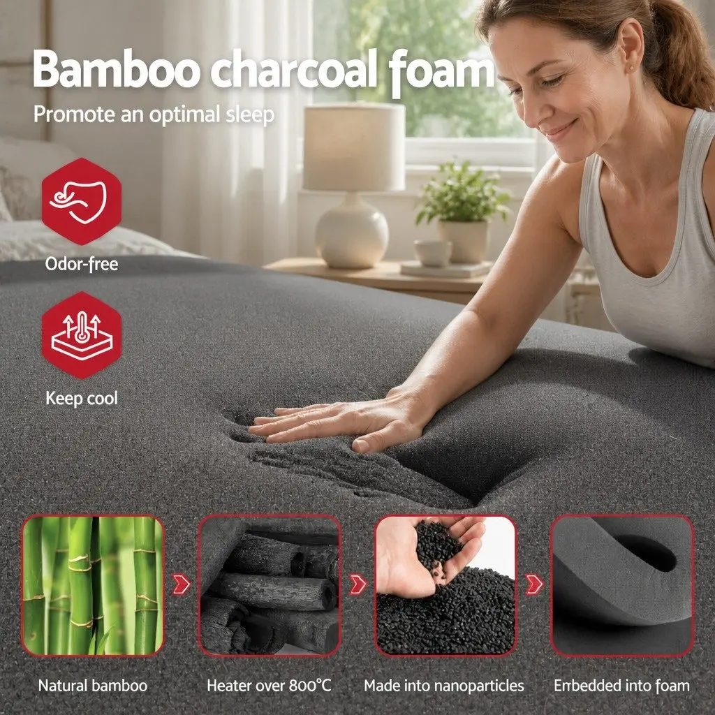 Hybrid Mattress Single 35cm Medium Firm Euro Top Bamboo Charcoal Foam Black