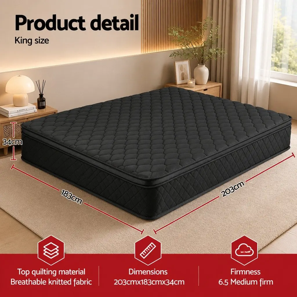 King Size Mattress Medium Firm 34cm Black Euro Top 5-Zone Pocket Spring