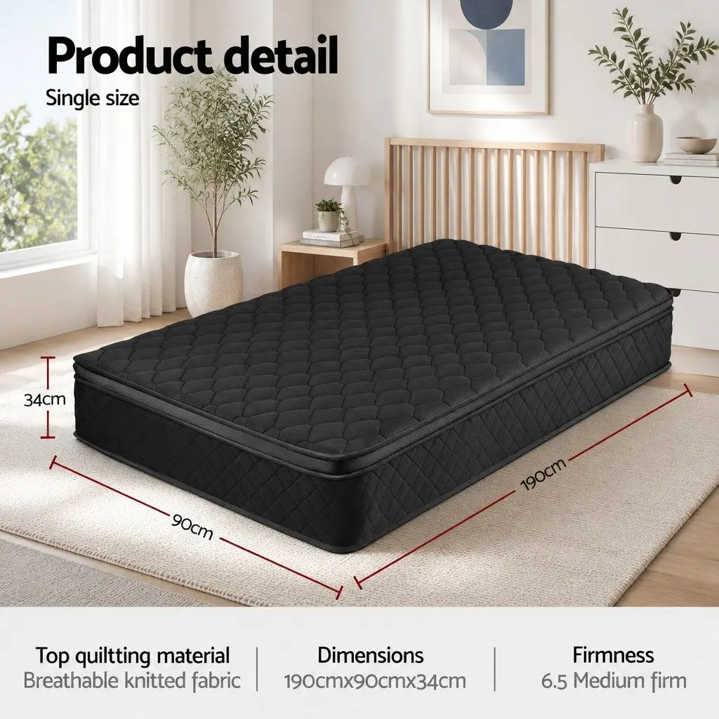 Single Mattress Medium Firm 34cm Euro Top Black 5-Zone Pocket Spring Support