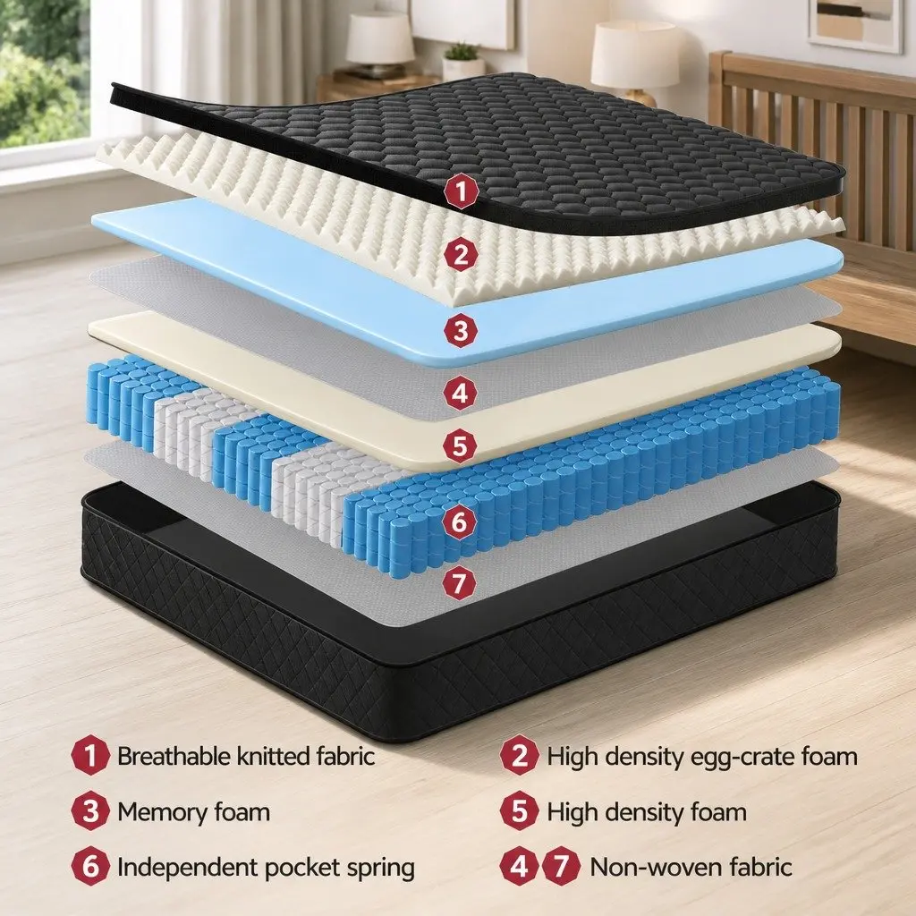 Single Mattress Medium Firm 34cm Euro Top Black 5-Zone Pocket Spring Support