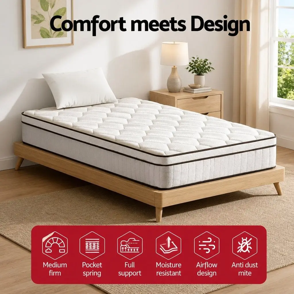 Euro Top Mattress King Single Medium Firm 22cm Pocket Spring Velvet White