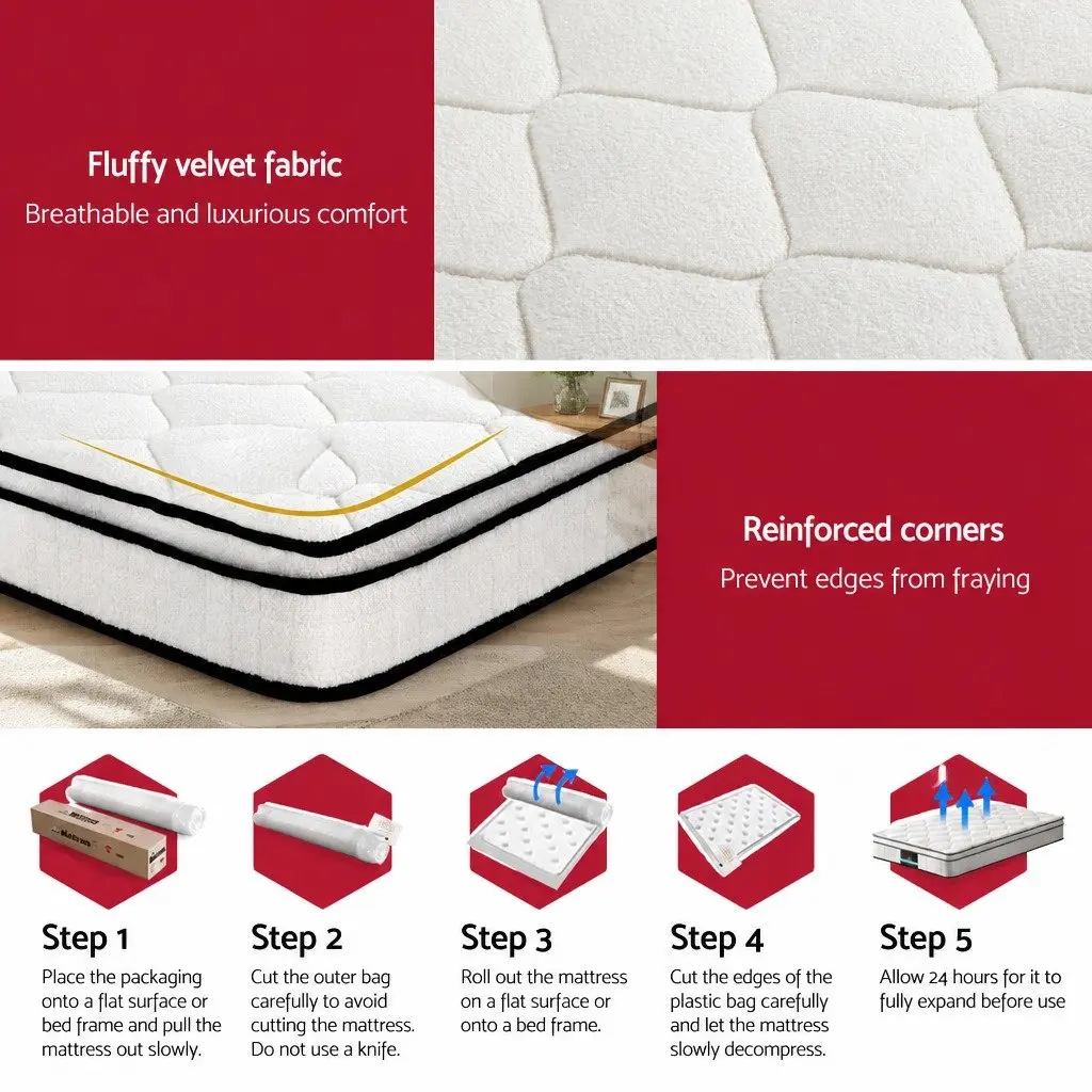Euro Top Mattress King Single Medium Firm 22cm Pocket Spring Velvet White