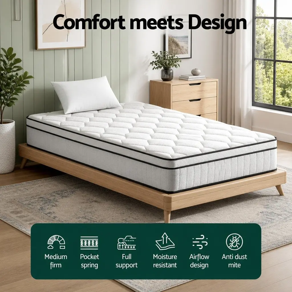 Single Mattress Medium Firm 22cm Euro Top Pocket Spring White
