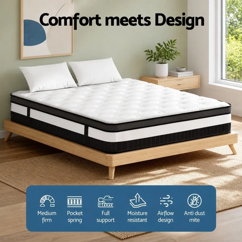 Double Mattress Medium Firm Support 30cm Pocket Spring Euro Top White