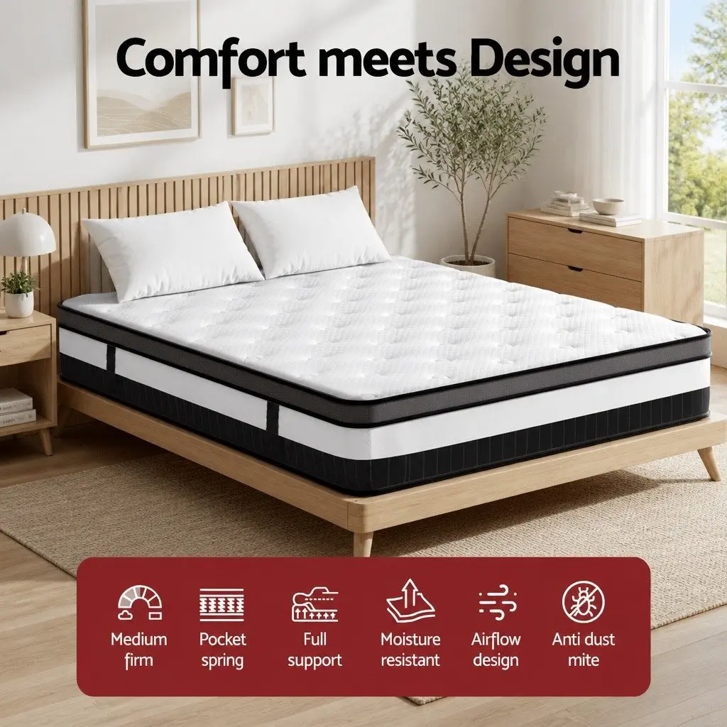 King Mattress Medium Firm Support 30cm Pocket Spring Euro Top White