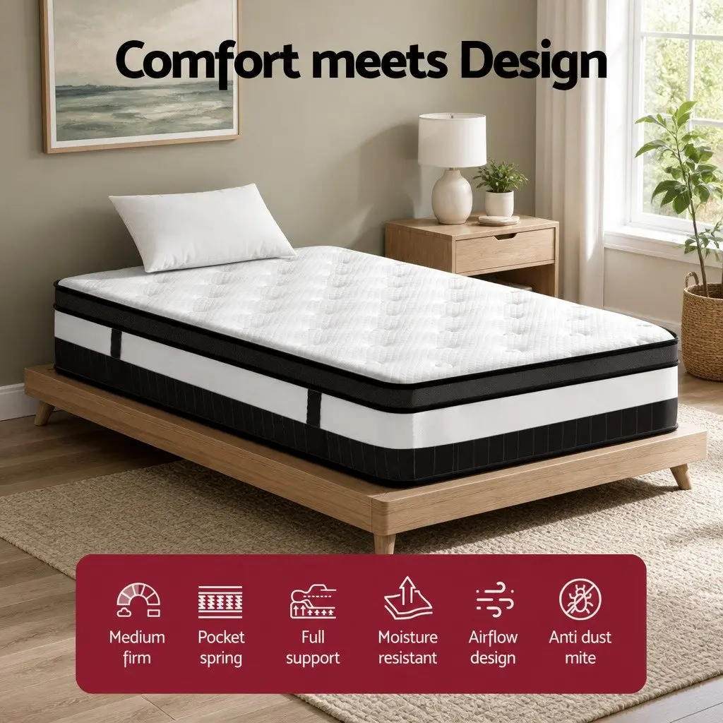 King Single Mattress 30cm Thick Medium Firm Euro Top Pocket Spring Sleep Bed