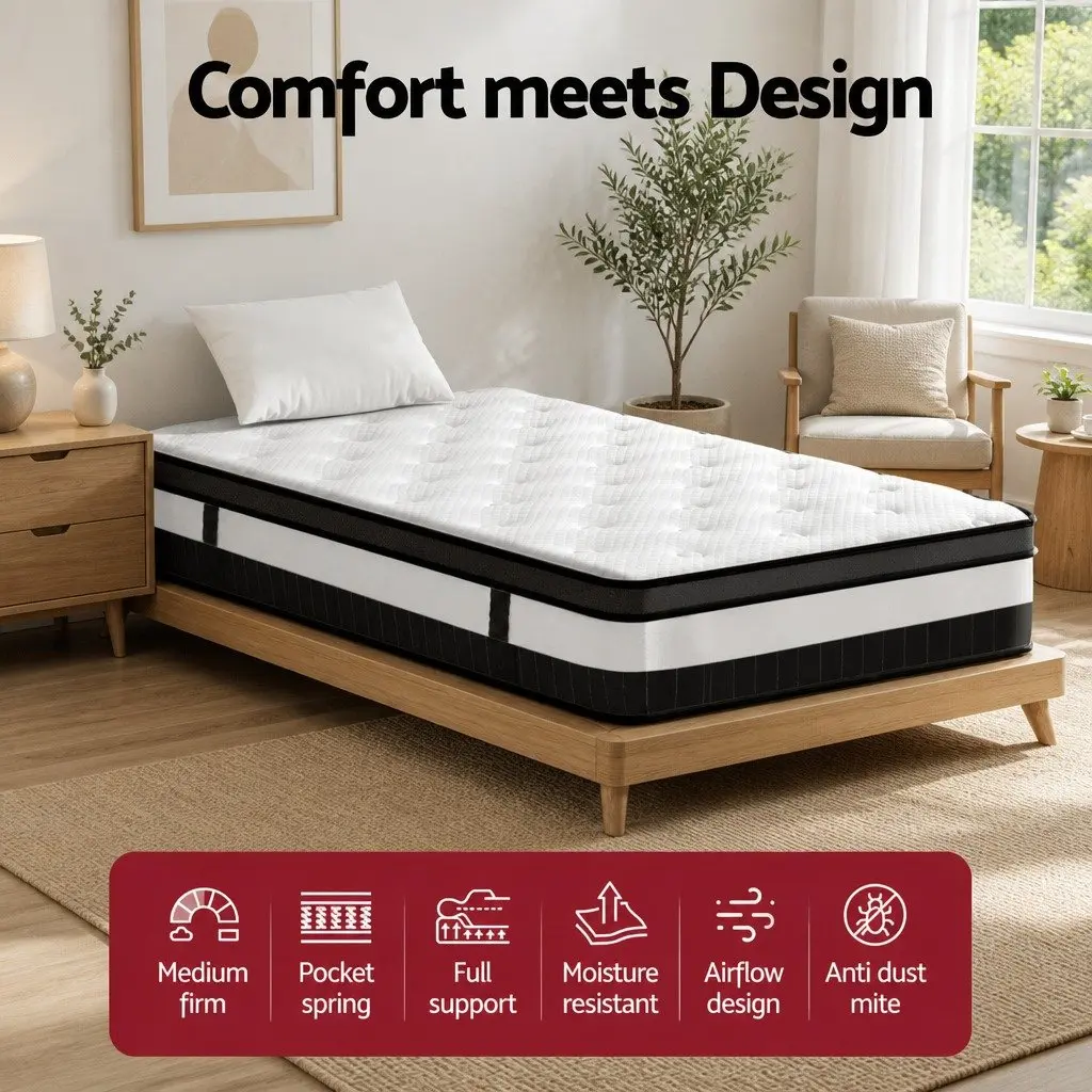 Single Mattress White Euro Top 30cm Medium-Firm Pocket Spring with Pressure Relief