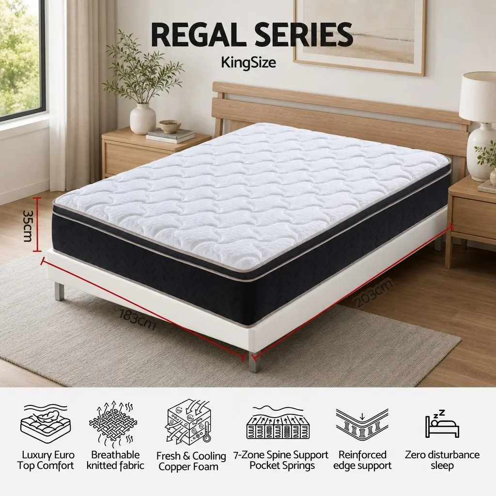 King Size Mattress Firm Copper Memory Foam 35cm Euro Top Pocket Spring Sleep