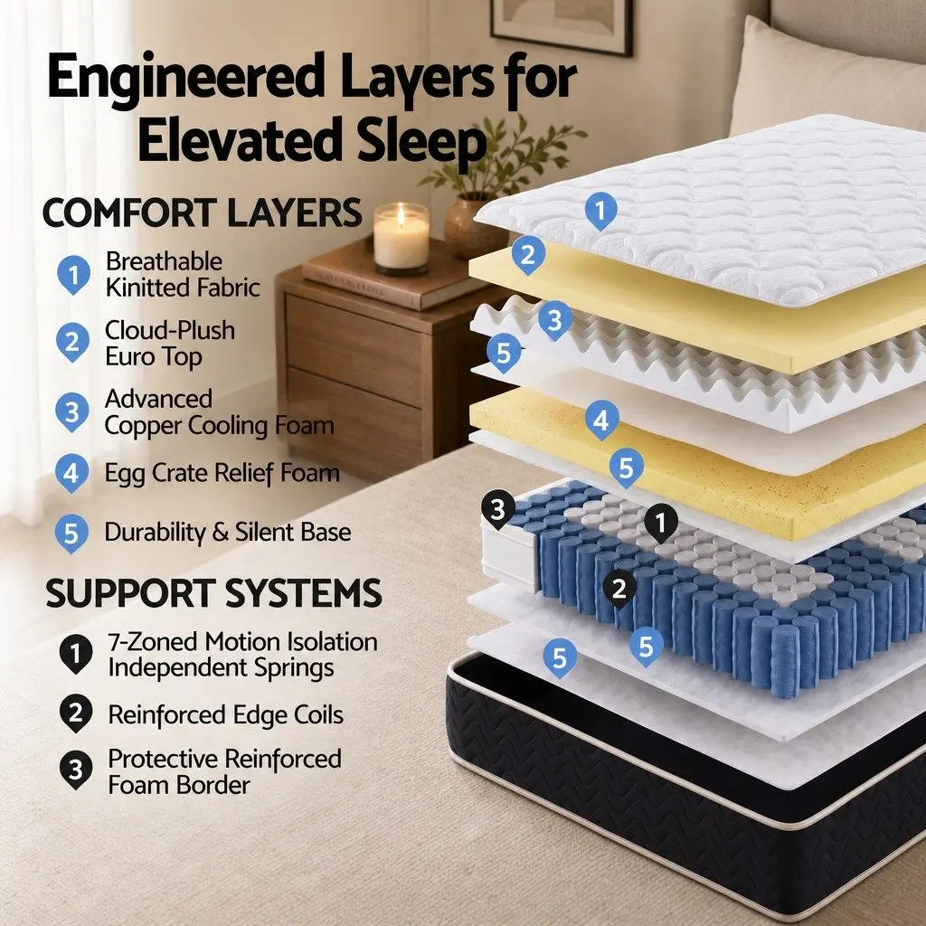 King Single Mattress Firm 35cm Copper Memory Foam 7-Zone Pocket Spring