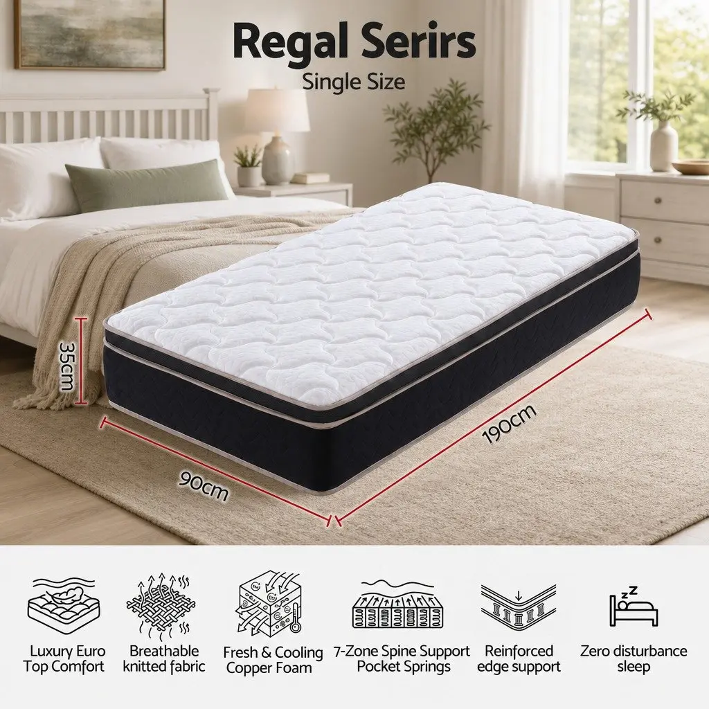 Single Mattress Firm 35cm Pocket Spring Euro Top Memory Foam Black White