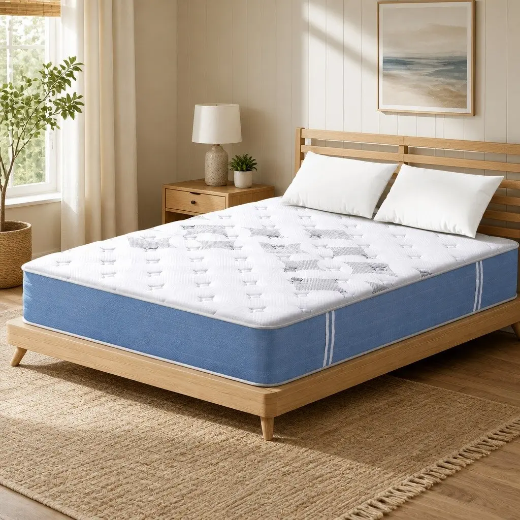 Queen Mattress Medium Firm 25cm Pocket Spring Euro Top White Blue