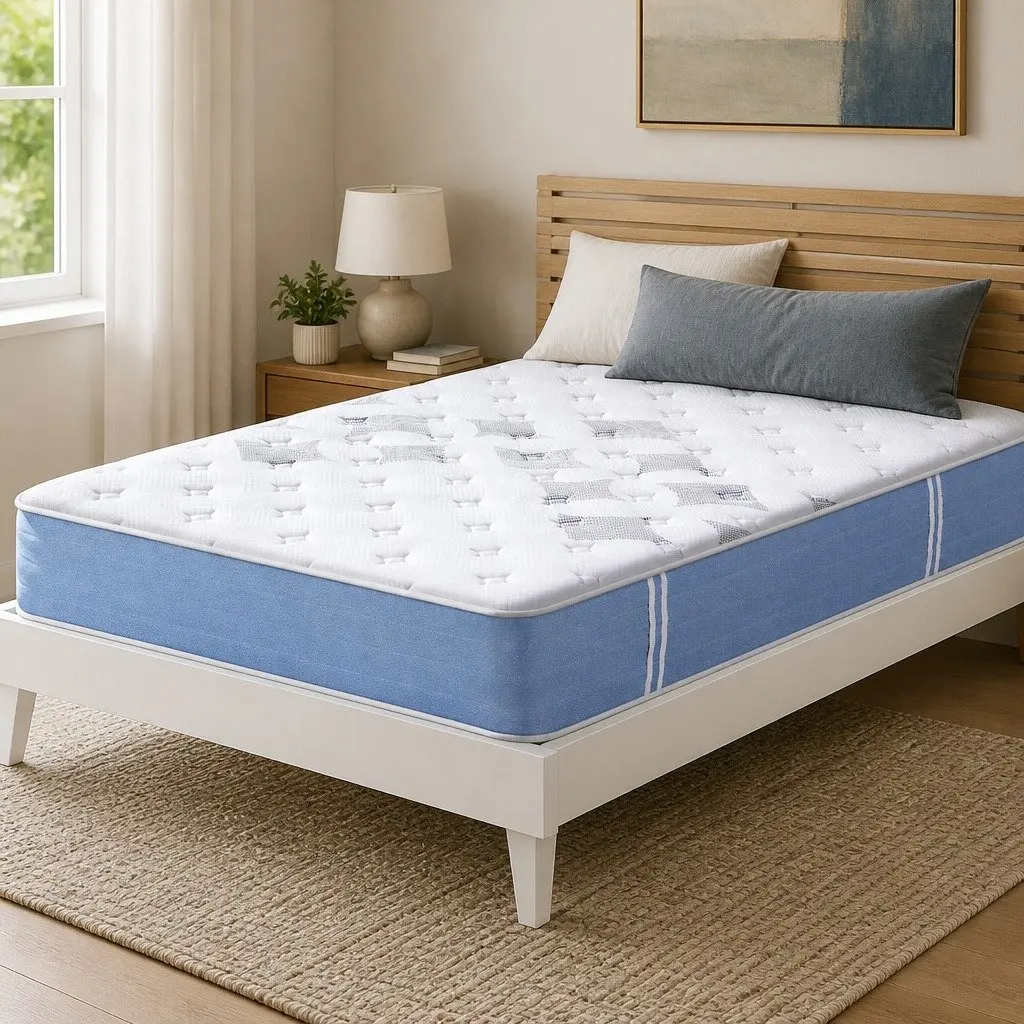Queen Mattress Medium Firm 25cm Pocket Spring Euro Top White Blue