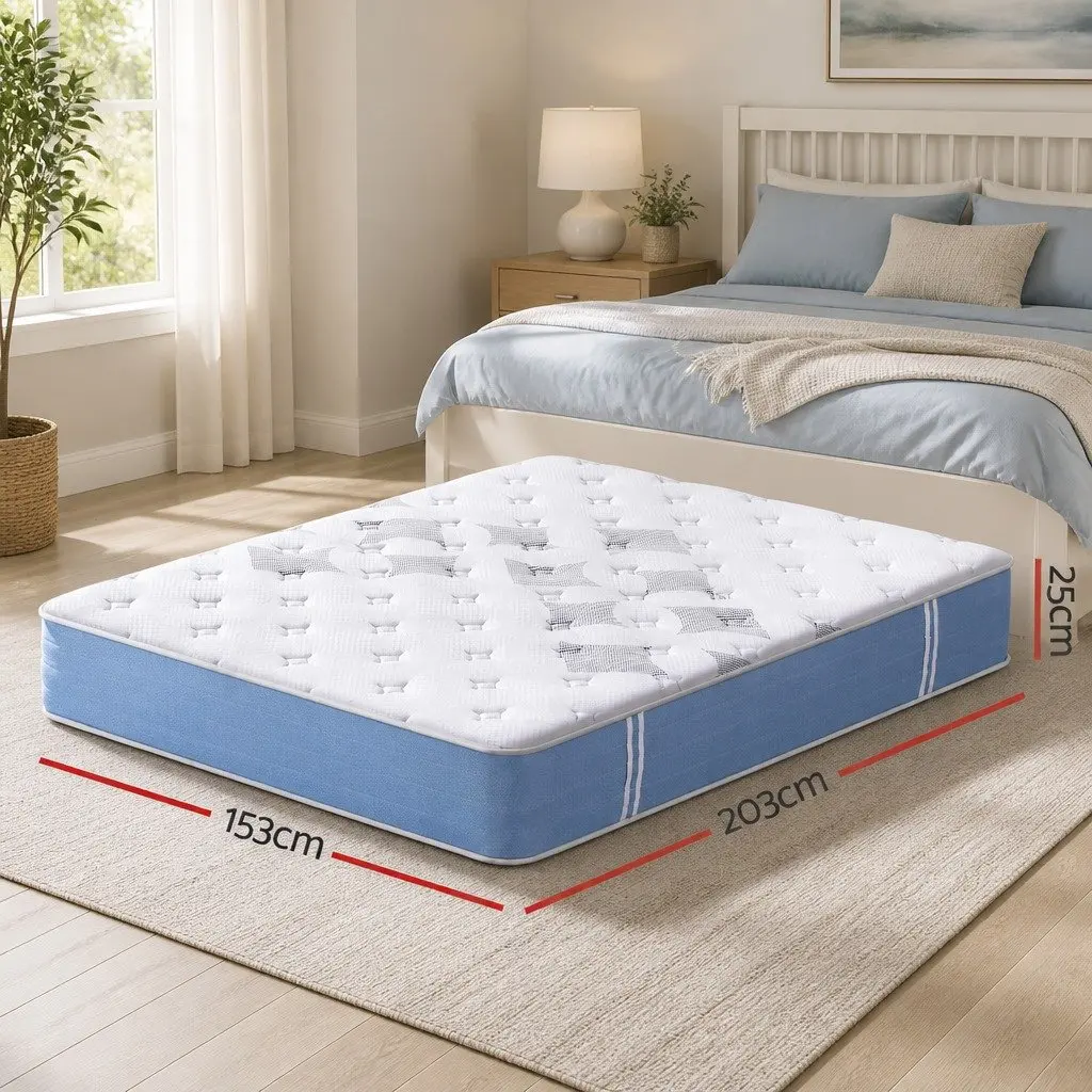 Queen Mattress Medium Firm 25cm Pocket Spring Euro Top White Blue