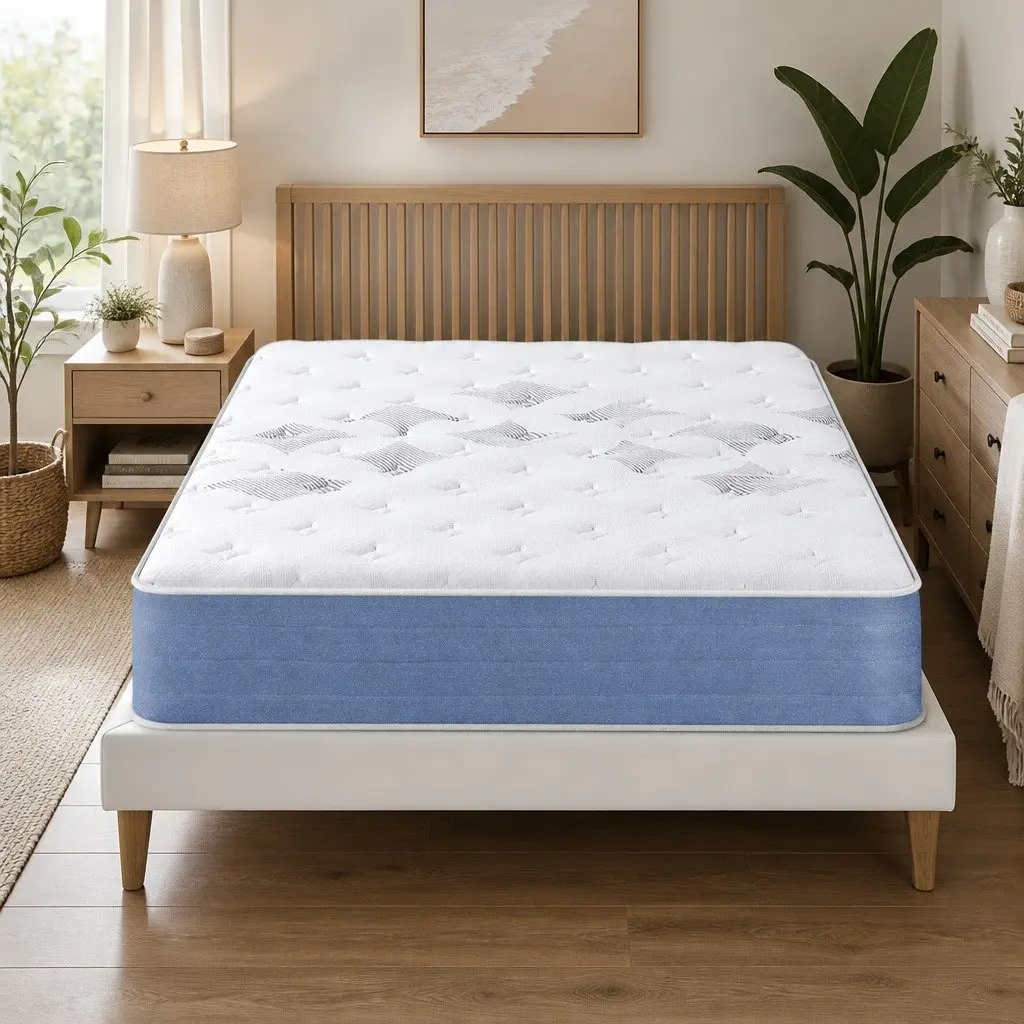 Queen Mattress Medium Firm 25cm Pocket Spring Euro Top White Blue