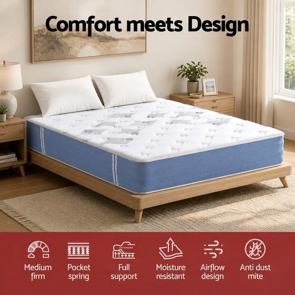 Queen Mattress Medium Firm 25cm Pocket Spring Euro Top White Blue