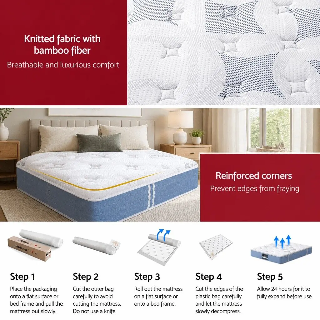 Queen Mattress Medium Firm 25cm Pocket Spring Euro Top White Blue