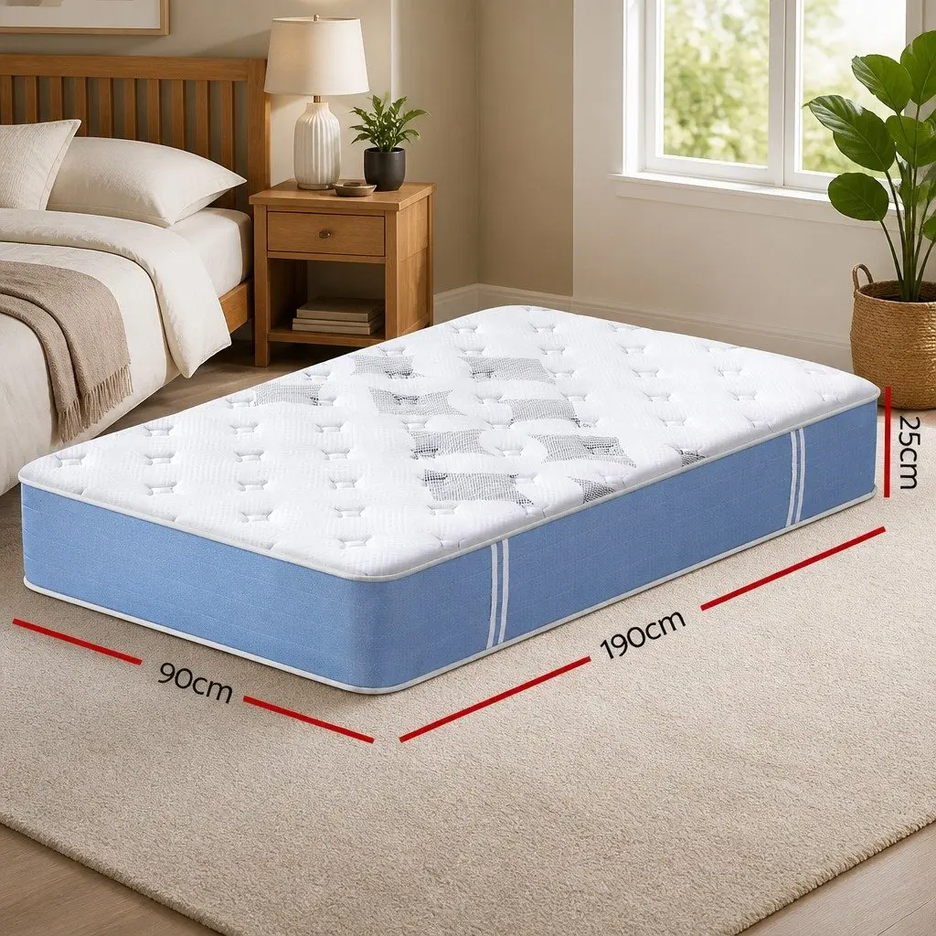 Single Mattress Pocket Spring Euro Top 25cm Medium Firm Breathable Bamboo Fibre White and Blue