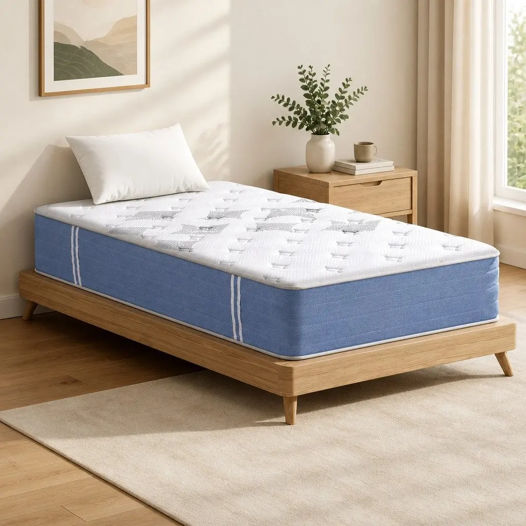 Single Mattress Pocket Spring Euro Top 25cm Medium Firm Breathable Bamboo Fibre White and Blue