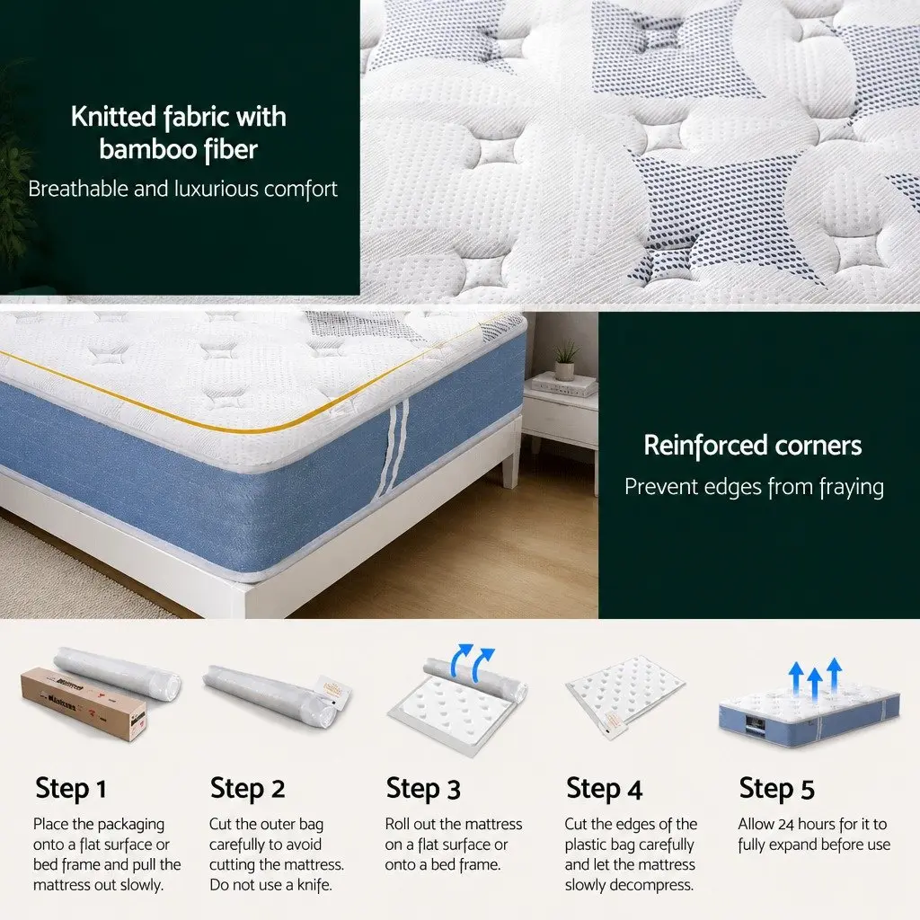 Single Mattress Pocket Spring Euro Top 25cm Medium Firm Breathable Bamboo Fibre White and Blue