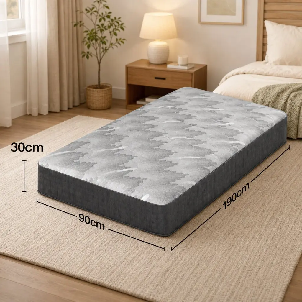 Single Mattress Grey 30cm Firm 5 Zone Pocket Spring Support Breathable Fabric