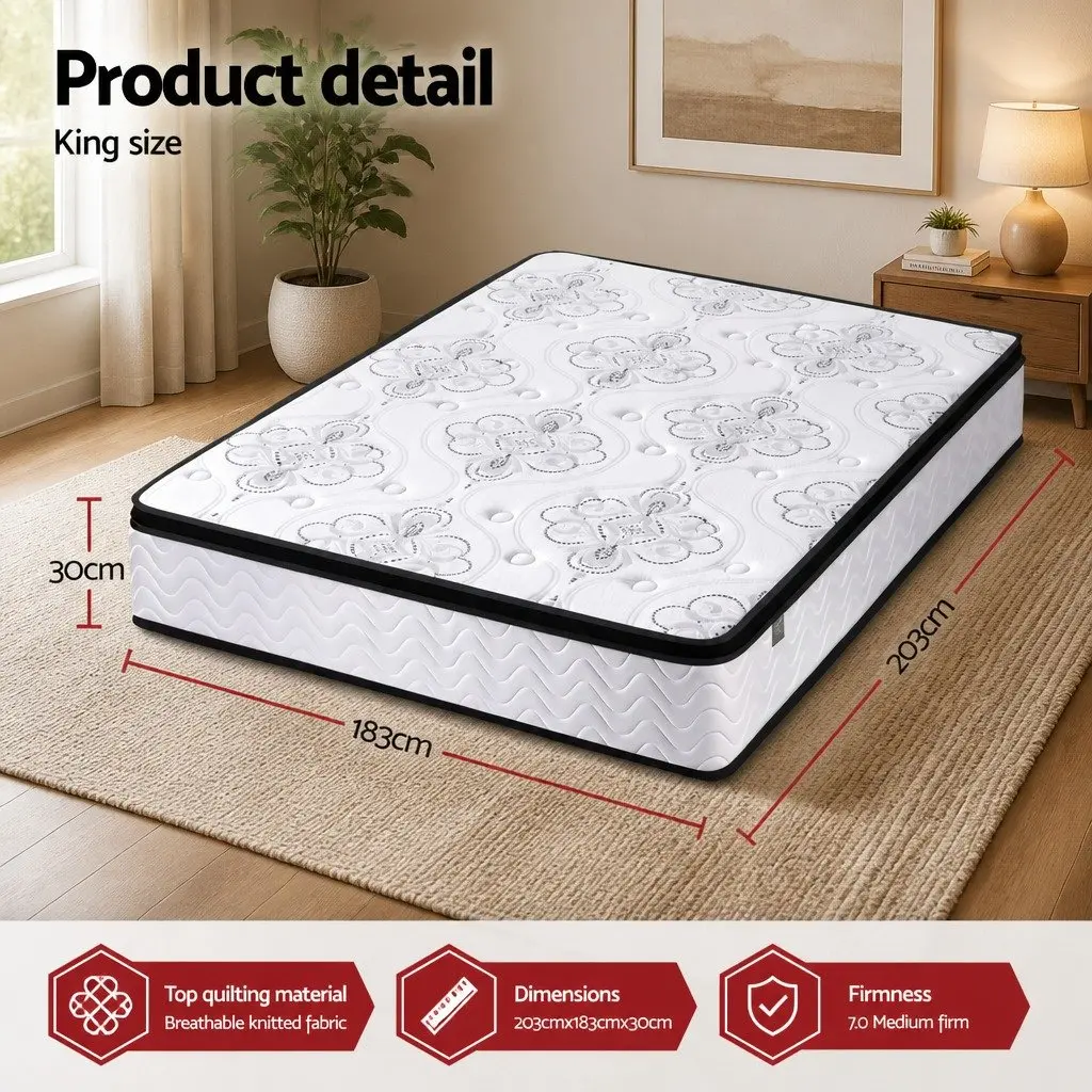 King Size Mattress Medium Firm 30cm White Pocket Spring Euro Top