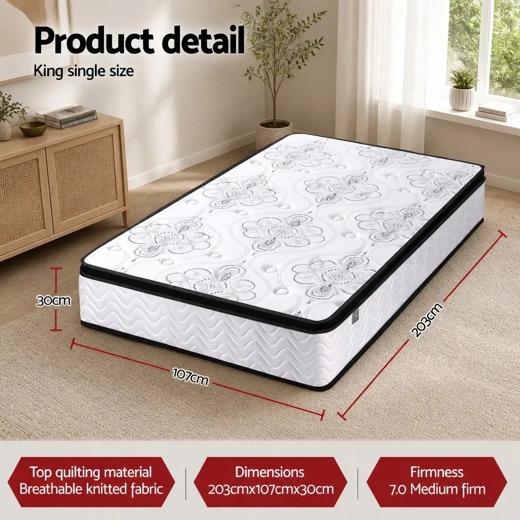 King Single Mattress Pocket Spring Euro Top 30cm Medium Firm White