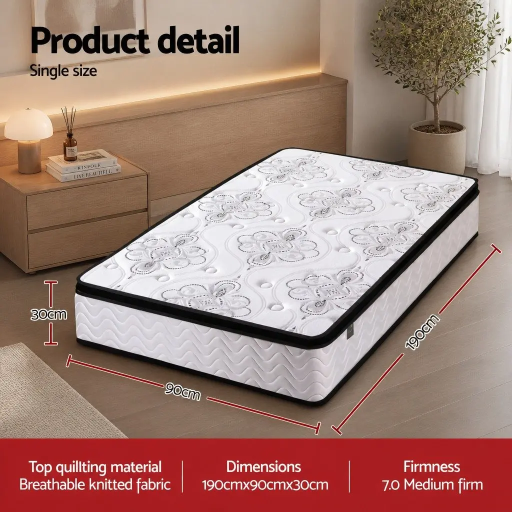 Single Mattress Medium Firm 30cm Pocket Spring Euro Top White