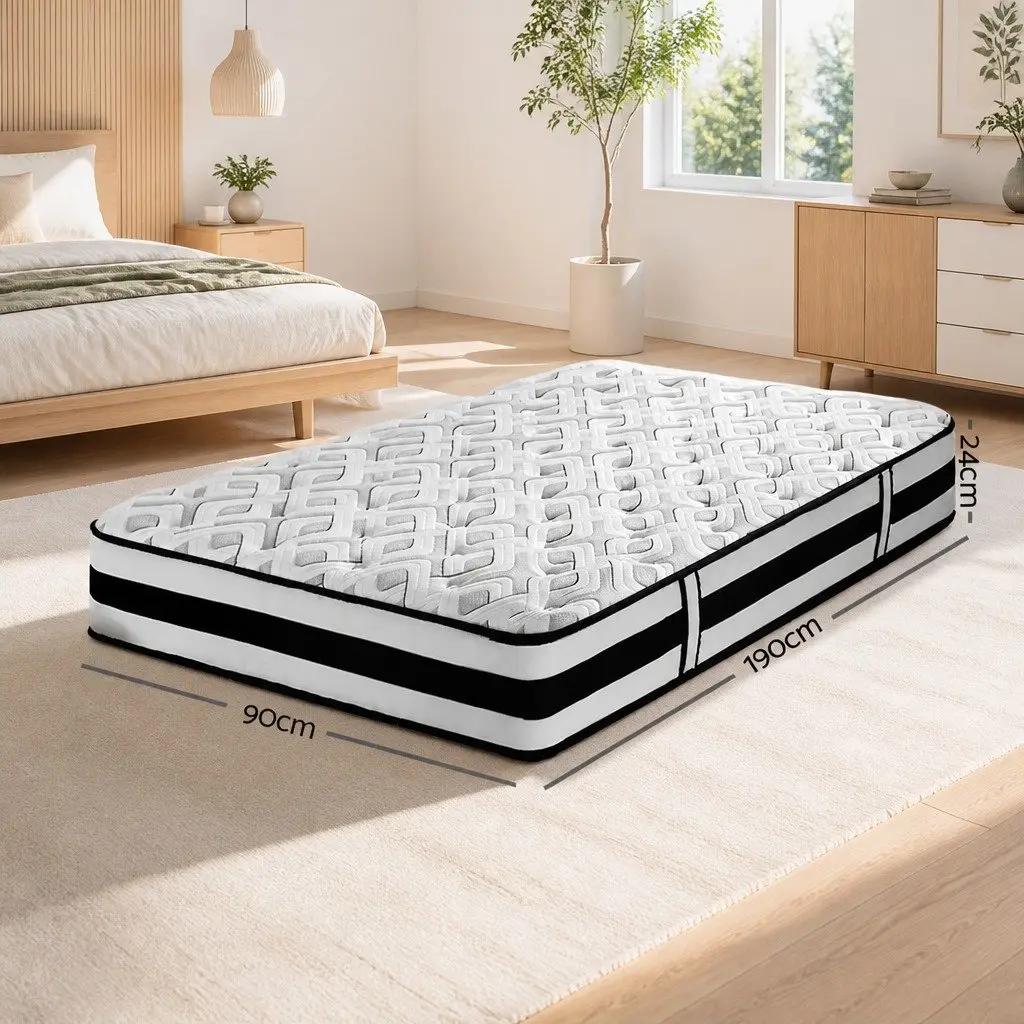 Single Mattress Ultra Firm 24cm Grey Tight Top Pocket Spring Support Sleep