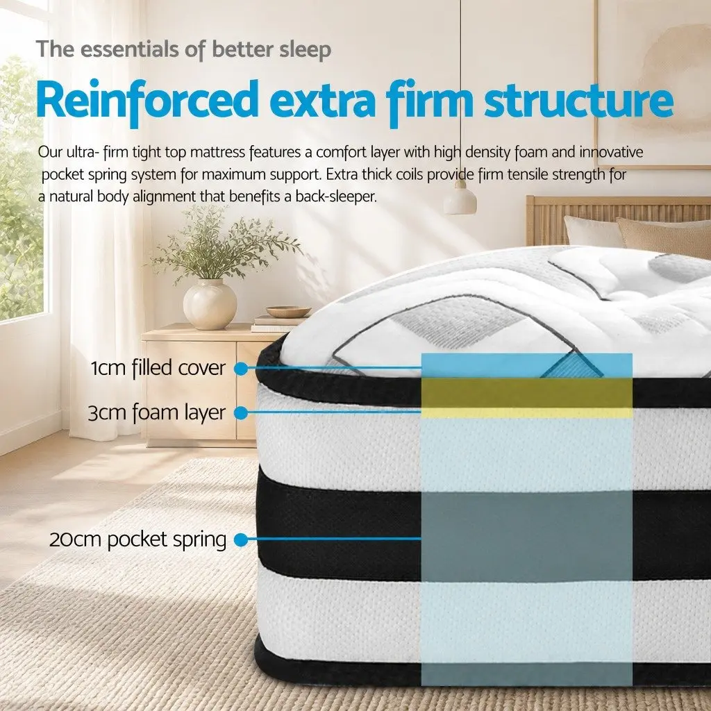 Single Mattress Ultra Firm 24cm Grey Tight Top Pocket Spring Support Sleep
