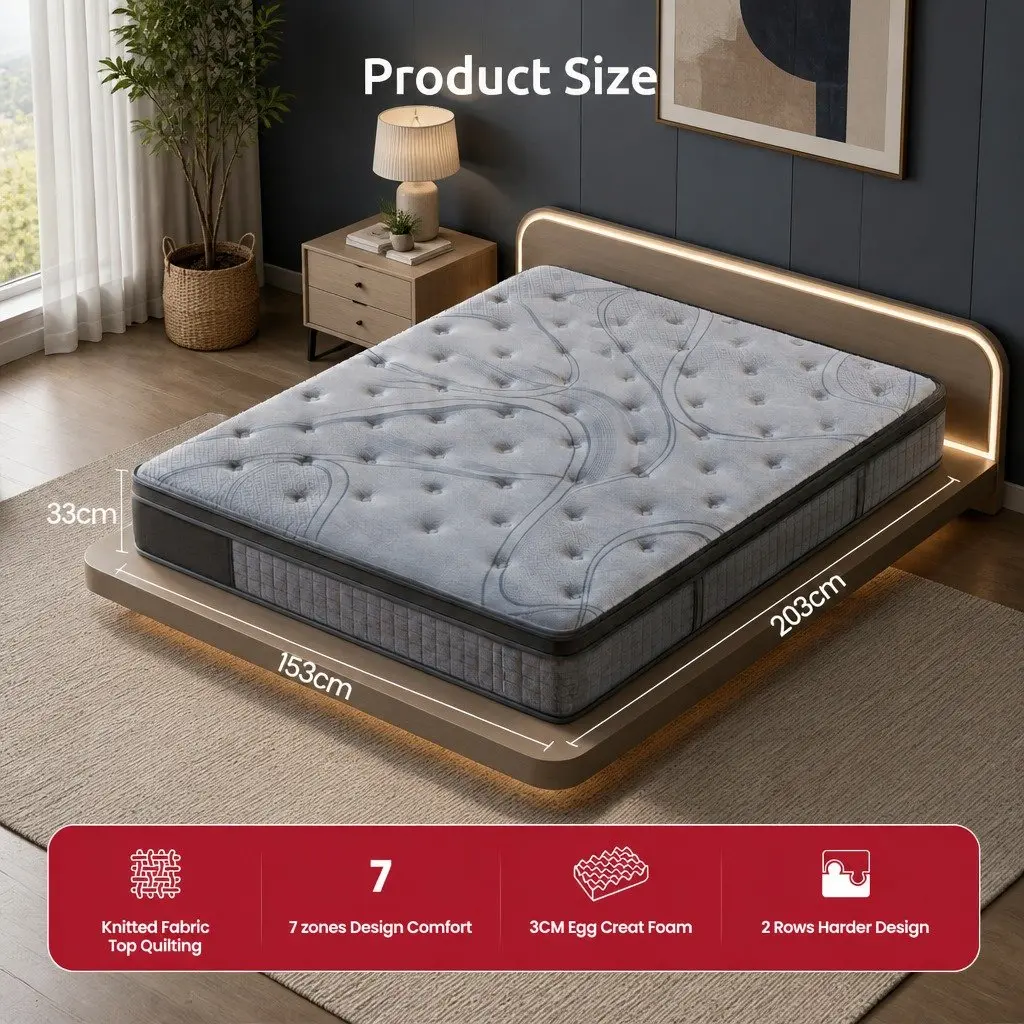 Queen Mattress Extra Firm Support 33cm 7-Zone Pocket Spring Dual-Row Edge Grey or Black