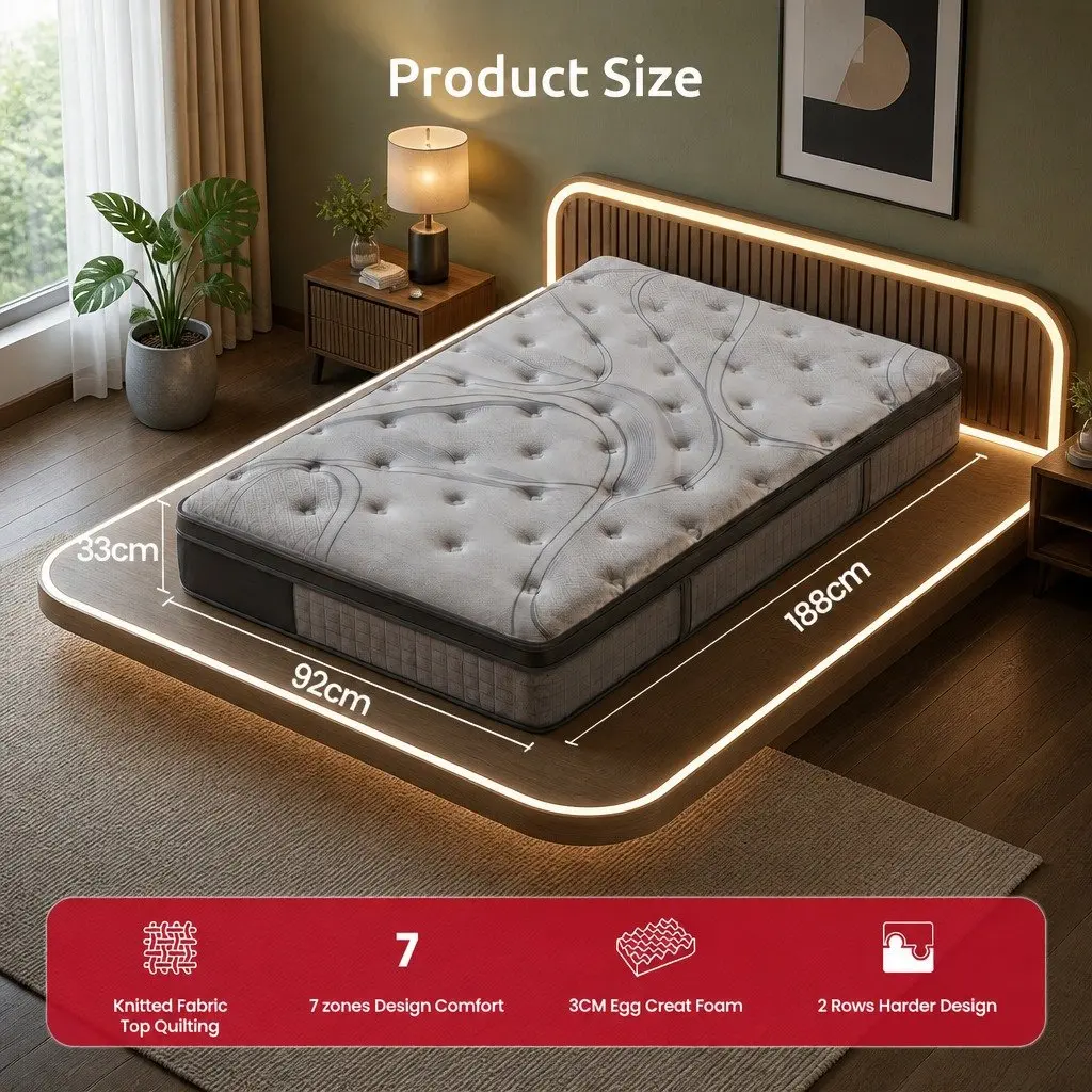 Single Mattress 33cm Extra Firm 7-Zone Pocket Spring Grey or Black