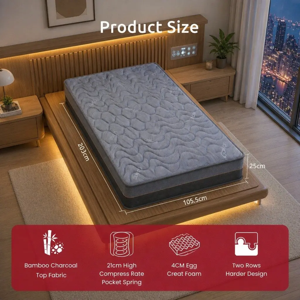 King Single Mattress 25cm Hybrid Pocket Spring Egg Crate Foam Bamboo Charcoal