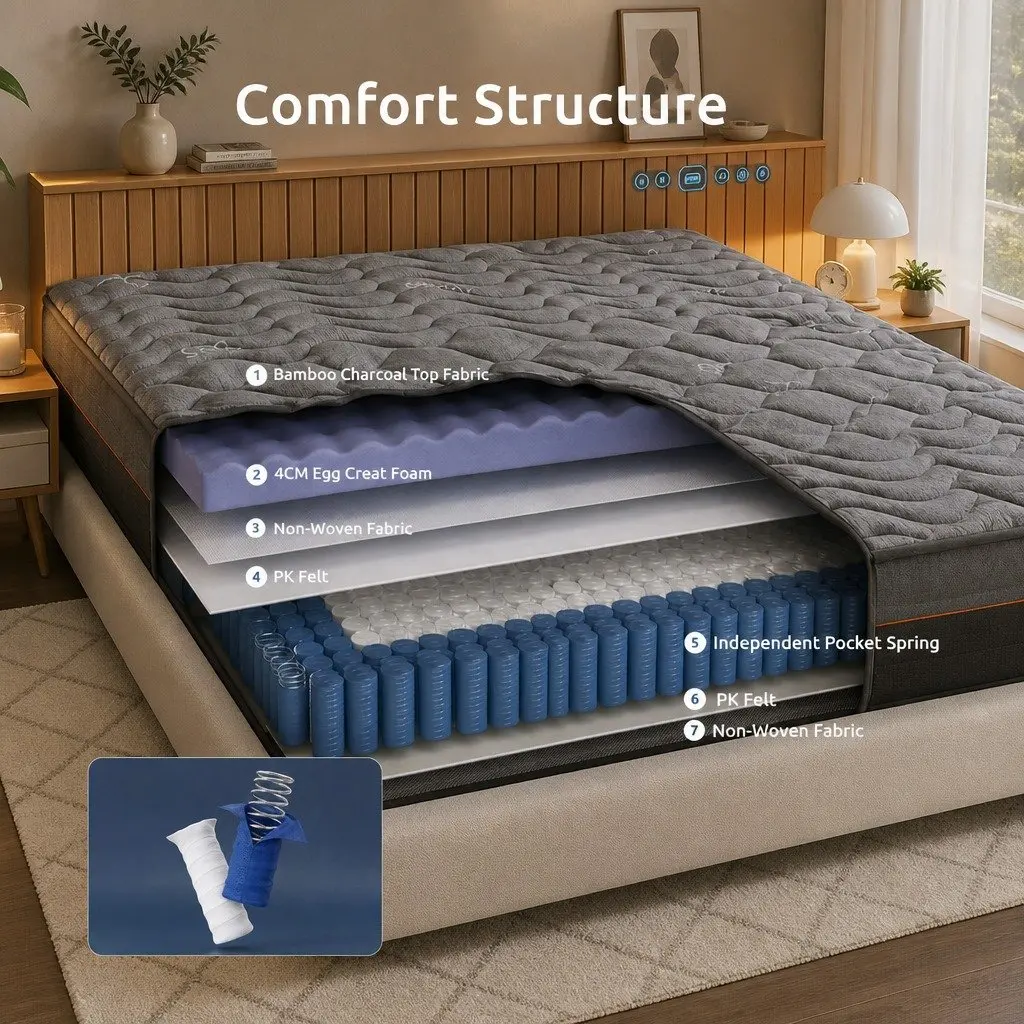King Single Mattress 25cm Hybrid Pocket Spring Egg Crate Foam Bamboo Charcoal
