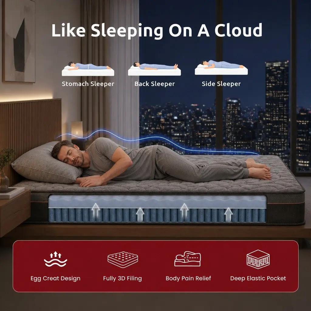 King Single Mattress 25cm Hybrid Pocket Spring Egg Crate Foam Bamboo Charcoal