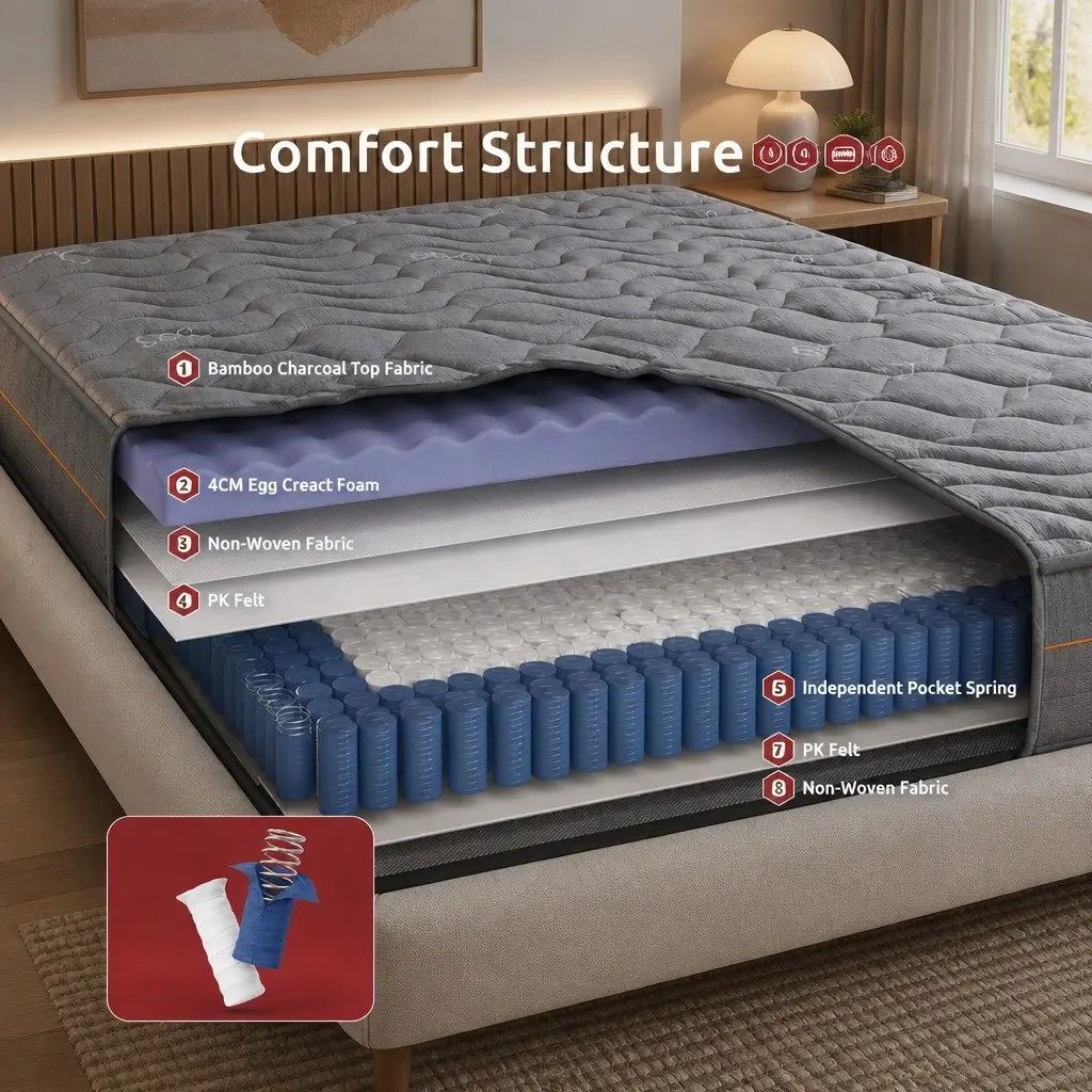 Queen Mattress 25cm Hybrid Pocket Spring Egg Crate Foam Bamboo Charcoal Fabric