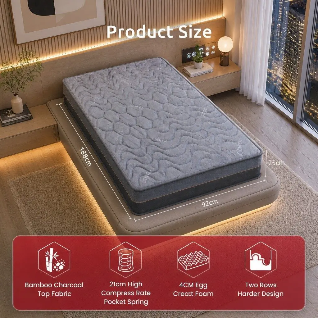 Single Mattress 25cm Hybrid Pocket Spring Foam Bamboo Charcoal Fabric Grey Black
