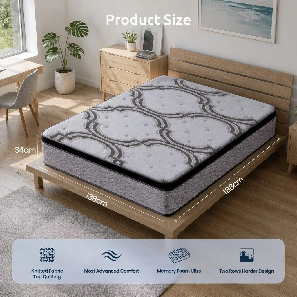 Double Mattress Firm Support 34cm Grey 5-Zone Pocket Spring Latex Memory Foam